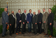 Rep. Brian Higgins (D-NY 26th), center, with l. to r., IR Miguel Fonseca; L-5/Z-5’s Moises Fernandez, Andrew Labeck, Kevin Obrien; IVP-NE John Fultz; and L-5/Z-5’s Steve Ludwigson, Tom Ryan and Chris Donahue.