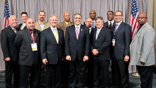 REP. LOU BARLETTA (D-PA-11th), center front, with the delegation from eastern Penn., and, IP Newton Jones, fifth from right; IVP D. David Haggerty, fourth from right; and IR Marty Stanton.