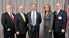 NLRB BOARD MEMBERS HARRY JOHNSON, center, and NANCY SCHIFFER with IST Bill Creeden, far left; IP Newton Jones, second from left; and IBB General Counsel Mike Stapp, far right.