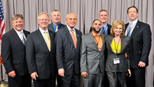 REP. PAUL TONKO (D-NY-20th), fourth from left, and REP. CAROLYN MALONEY (D-NY-12) with l. to r., IVP D. David Haggerty; IP Newton Jones; and L-5 delegates Mo Fernandez, Kevin O’Brien, and Tom Ryan.