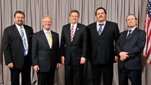 REP. STEVE DAINES (D-MT-at-large), center, with l. to r., IVP J. Tom Baca; IP Newton Jones; and L-11 delegates Jason Small and Tim Laedeke.