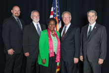 Rep. Sheila Jackson Lee (D-TX 18th), with (l. to r.) Jacob Evenson, L-627, IST Bill Creeden, IP Newton Jones and Mark Thompson, L-132.