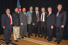 REP. ALAN LOWENTHAL (D-CA 47th), third from right, with IP Newton Jones, second from right, and (l. to r.) IR-ISO Robert Godinez; Abel Parra, L-1998; Robert Navarro, L-1998; AIP/IR-CSO Jim Cooksey; IVP J. Tom Baca; and Jay Rojo, L-92.