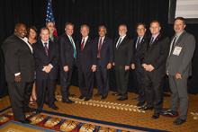 REP. BOBBY SCOTT (D-VA 3rd), seventh from left, and Sen. Tim Kaine (D-VA), fifth from left, with (l. to r.) Jermaine Taylor, L-684; D-GA-PLD Cecile Conroy; IVP Warren Fairley; IR-ISO Dwain Burnham; IP Newton Jones; IST Bill Creeden; Maritime Trades Dept. Executive Sec.-Treas. Daniel Duncan; Danny Watson, L-45; and IR Frank Hartsoe.