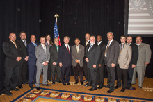 REP. JOHN CONYERS (D-MI 13th), eighth from left, with IP Newton Jones, seventh from left; IST Bill Creeden, sixth from right; IVP Larry McManamon, fourth from right; IR-CSO Pat Stefancin, sixth from left; and members of the Michigan delegation.