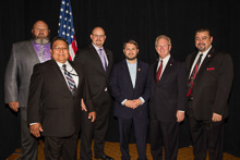 REP. RUBEN GALLEGO (D-AZ 7th), fourth from left; with IP Newton Jones, fifth from left; IVP J. Tom Baca, far right; and (l. to r.) AIP/D-CRS Gary Evenson, Louis Dodson Jr., L-4; and Jacob Evenson, L-627.