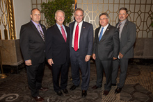 Sen. Tim Kaine (D-VA), center, with, l. to r., Danny Watson, L-45; IP Newton Jones; IVP-NE Dave Haggerty; and IR Frank Hartsoe.