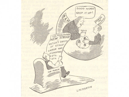 La caricatura publicada en 1946 en The Journal muestra la sociedad entre la Asociación Nacional de Fabricantes y los medios de comunicación que se unieron para acabar con el poder sindical en 1946.