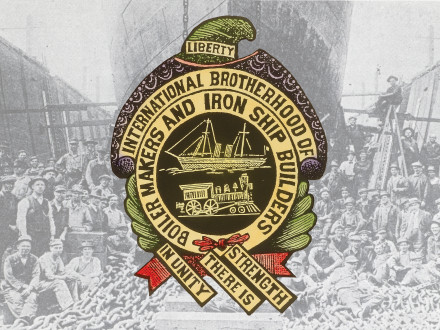 Primer sello del sindicato de la hermandad de los Boilermakers y constructores de barcos de hierro, publicado en 1986.