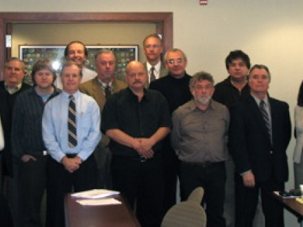 Boilermakers attending the first meeting of the North American Cement and Building Materials Union Network are Jim Pressley, ED-ISO (second from left); Gary Prochnow, D-ISS&O (third from left); Mark Kelly, IR (center front, in black shirt); and Carey Allen, D-ISO (fifth from right). At far left is Phee Jung-sun, ICEM materials section manager. Photo courtesy Jan Voets