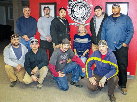Participating in a recent welding exhaust study are, first row, left to right, Local 101 members Mickey Roer, Blayne Graham, T.R. Thayer, and Mykola Savechenko. Second row, Mark Garrett, D-H&SS; Vince Shelly, Local 101; Jesus Alfero, Local 101; Pam Susi, CPWR; Oleg Vdovich, L-101; and Andre Green L-101. Not in picture is Sergio Caporali, PhD, of the University of Puerto Rico. 