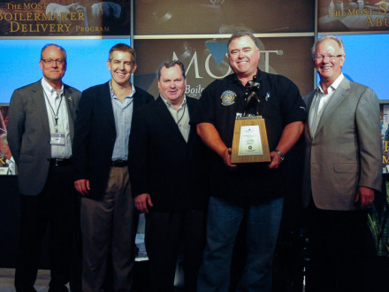 L-433 BM-ST James Barnes, second from right, accepts the C.W. Jones Award on behalf of the lodge. Left to right are MOST Administrator Roger Erickson, NACBE President Eric Heuser, IVP-SE Warren Fairley, Barnes, and IP Newton Jones. 