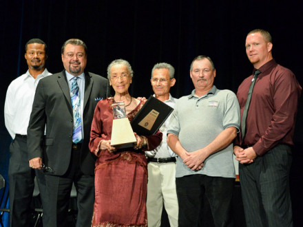 Betty Reid Soskin receives recognition from IVP Tom Baca and other L-549 members. Left to right, Timothy Jefferies, IVP Baca, Soskin, Juan Garcia, David Andrews and Randy Thomas.