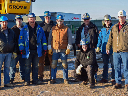 Members attend the first Canadian Master Rigger Course. Left to right, Jim Beauchamp, National Training Program coordinator/instructor; Kyle Howard; Bruce Callihoo; Gabriel Gauthier; Grant Kostner; Ross Gartner (crouching); John Wells, crane operator; Fred Wright; and Russell Reid, Local 146 instructor. 