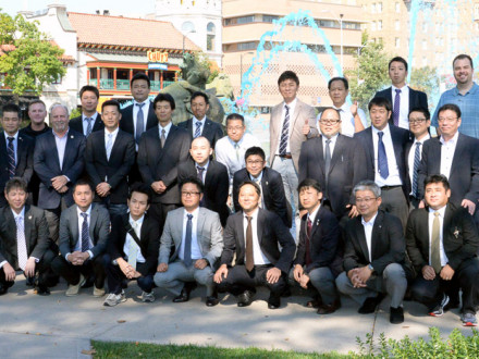 Union leaders from Japan’s energy industry tour Kansas City attractions. Leading the delegation are Masaaki Ninagawa, first row, fifth from left, and Yoshio Sato, General Secretary for IndustriALL-JAF, second row, far right. Joining the group are AAIP/ED-ISO Tyler Brown, back row, far right; IR Rocco DeRollo, second row, second from left; and IR Gary Power, third row, far left.