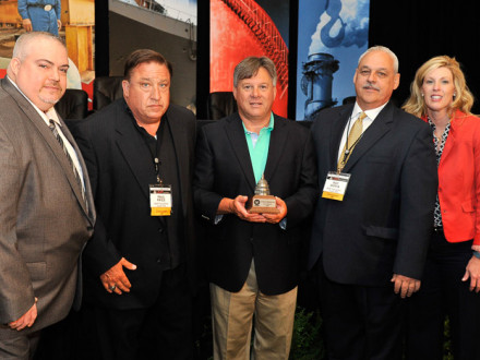 Northeast Section IVP D. David Haggerty, center, presents L-154 delegates with a Capitol Dome Award for achieving the highest CAF donations by a local. Left to right, delegates Tom McKittrick, Paul Price, IVP Haggerty, Ray Doria, and D-PA Bridget Martin.