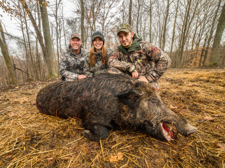 NICK MCWHORTER, right, shares a special moment with Brotherhood Outdoors hosts Daniel Lee Martin and Julie McQueen.