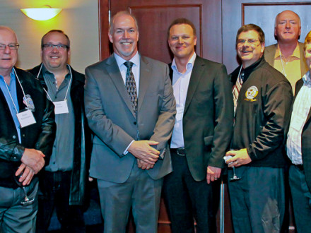 Boilermakers from various British Columbia lodges meet with the provincial leader of the NDP March 12. Left to right, Randy Morehouse, President, L-D277; Kevin Forsyth, BM-ST, District Lodge D11; John Horgan, Leader of the NDP, BC; Mike Middleton, President, L-D400; Mike Brereton, President, L-D486; Richard MacIntosh, International Rep; and Gordon White, BM-ST, L-191.