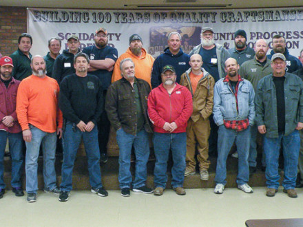 Pictured are, front row, left to right: Tony McKinley, Ron Hoopes, Mike Tucker, Mike Hodges, Dennis Matticks, Marty Gravett, Alex Hunter, Robbi Ussery, Nathan Foulks, MOST Instructor Chuck Clancy, and Business Manager Joe Lewandowski. Back row: Jim Vogrin, MOST Instructor Jay Brophy, MOST Instructor Ed Hebert, Cody Maize, Apprenticeship Instructor Tom Burgess, Ed Hunter, President Scott Campbell, Robert Lawson, Dispatcher Bill Chambers, Nebraska and West Iowa Rep Scot Albertson, and Vice President Tom Dye.