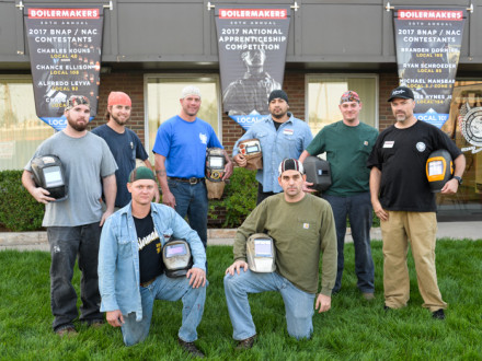 Competitors at the National Apprentice Competition face off at Local 101 in Denver. Front row, left to right: Branden Dormire, L-169 (winner) and Ryan Schroeder, L-85 (runner-up). Back row, left to right: Michael Mansbart, L-5 Zone 5; Chance Ellison, L-108; James Hynes, L-154; Alfredo Leyva, L-92; Charles Kouns, L-40 and Craig Rose, L-101.