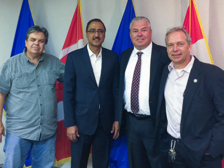 Meeting with Minister Amarjeet Sohi (second from left) are, l. to r., L-146 Trustee Ron Ruth, IR Cory Channon and L-146 Assistant Business Manager Robert Key.