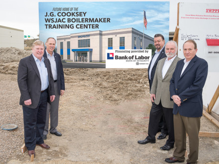 The new J.G. Cooksey WSJAC Boilermaker Training Center is being financed by Bank of Labor. Left to right: Bob McCall, BOL President; Bill Arnold, BOL Executive Vice President/Director of Client Services; J. Tom Baca, IVP-WS; Bill Creeden, IST; and Joe Keller, BOL Senior Vice President, Manager Commercial Banking Division.