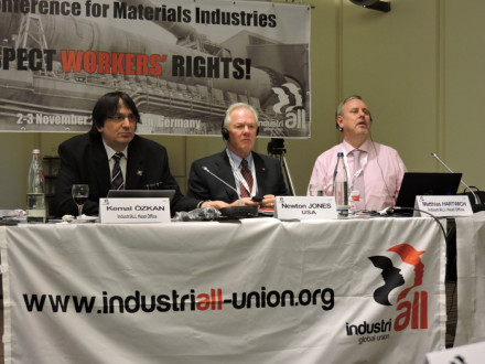 Taking questions from delegates are, l. to r., Kemal Özkan, Assistant General Secretary, IndustriALL; IP Newton Jones, Sector Chairman; and Matthias Hartwich, Director, Mechanical Engineering and Materials Industries, IndustriALL.