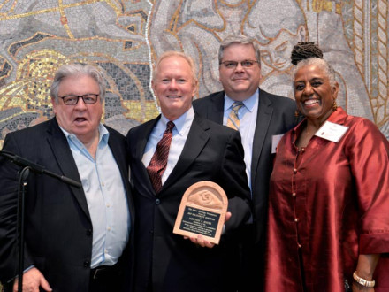IP NEWTON Jones receives the 2017 Labor Heritage Foundation’s “Solidarity Forever Award” for preserving labor history and culture. Left to right: Bricklayers IP James Boland, IP Jones, Ironworkers GP Eric Dean and LHF Exec. Dir. Elise Bryant.