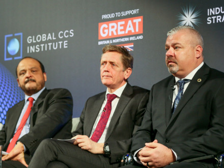  IR Cory Channon, far right, explains the Boilermakers’ role in CCUS. Left, Ahmad O. Al Khowaiter, Chief Technology Officer, Saudi Aramco; center, Artur Runge-Metzger, Director of Climate Strategy, Governance and Emissions from Non-trading Sectors, DG Climate Action of the European Commission.