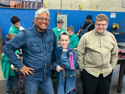 Boy Scouts earn a Model Design and Building merit badge by completing mock reeving project. From left to right: L-627’s Gary Bain, and Scouts Henry Flatt and Nathan Schrepfer.