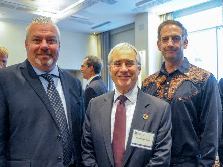 Cory Channon, International Director of Climate Change Policy Solutions, advocates for CCUS technology during Climate Week in New York. L. to r., Channon, Chair of the United Kingdom’s Grantham Research Institute on Climate Change and the Environment Lord Nicholas Stern and “Carbon Wrangler” Dr. Julio Friedmann. 