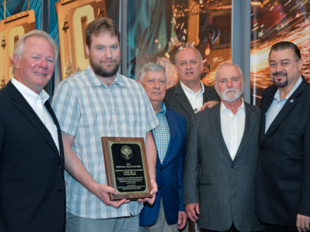 Clinton Penny, BM-ST of Local 11, accepts The John F. Erickson NACBE Safety Award on behalf of his lodge during the 2019 Construction Sector Operations conference. L. to r. are IP Newton Jones, Penny, NACBE Executive Director Ron Traxler, NACBE President Tom Shull, IST Bill Creeden and IVP-WS J. Tom Baca. 