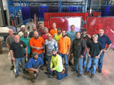 The new Northeast Training Facility opens its door to host the first of three Welding Boot Camps. Kneeling l. to r., Jordon Trust and Dominic Nacca. Front row l. to r., L-237 BM-ST Chris O’Neill, Instructor Joel Kipfer, IVP-NE John Fultz, Adam Church, Adam Ziegler and Ryan Hoffman. Middle row l. to r., Jerry Couser, Zeresehay Berhe, Ruark Danforth, Thomas McNeil, Jedediah Robertson, Instructor Daniel Badiali and Jason Dupuis, NEAAC. Back row l. to r., Jonathan Middleton, Chance Gendron, Tom Keegan and David
