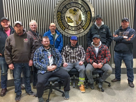 Participants in L-146’s master rigging training are: front row, l. to r., National Training Instructor Jim Beauchamp, David Robertson, Jeremy Quinn and Jean-Denis Daigle; back row, l. to r., Chris Martin, L-359’s Shane Borza, Jason Ewasiuk, Monty Jones and Russell Reid, instructor.