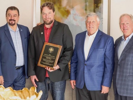 Clinton Penny, BM-ST of Local 11, accepts the John F. Erickson NACBE Safety Award on behalf of his lodge during the 2020 Construction Sector Operations conference. L. to r. are IVP-WS J. Tom Baca, Penny, NACBE Executive Director Ron Traxler and IP Newton Jones.