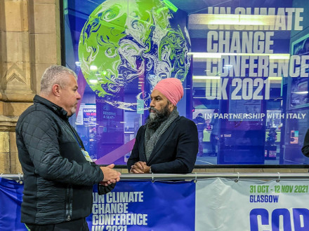 Cory Channon talks with Canadian leader of the New democratic Party Jagmeet Singh in Glasgow outside COP26 about support for tax credits for investment in CCUS and hydrogen in Canada as bridges to a clean energy future and stability.