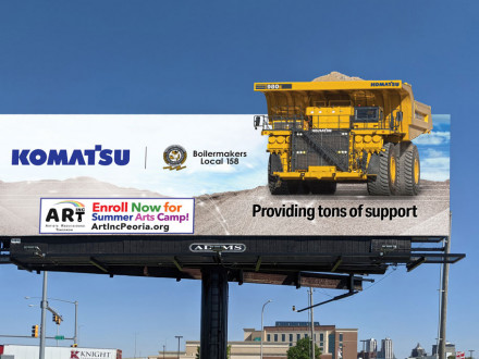 Komatsu gives a nod to Local 158, including the Boilermaker seal in its latest billboard honoring local Peoria, Illinois, charity ART, Inc. Komatsu recognizes different community nonprofits through billboards it takes out as part of the company’s Tons of Support program.