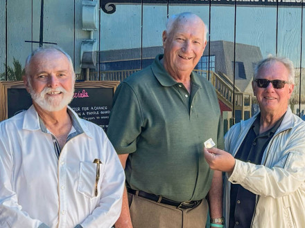 Bill Elrod (center), Local 263 (Memphis, Tennessee), who retired as an International Rep, Construction Division Rep and Special Assistant to the International President, receives his 50-year pin from International President Newton B. Jones (right). Elrod worked with IP Jones and IST Bill Creeden (left) as part of the original Fight Back strategy in the 1980s that won back millions of dollars for union Boilermakers.
