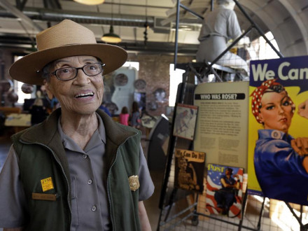 National Park Service Ranger Betty Reid Soskin smiles during an interview at Rosie the Riveter World War II Home Front National Historical Park in Richmond, Calif.,  July 12, 2016. (AP Photo/Ben Margot, File)