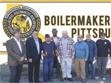Local 549 (Pittsburg, California) honored Boilermakers achieving membership milestones from 15 to 50 years. Members are honored with recognition pins after a meeting in March. Those honored and present, l. to r., are: David Hoogendoorn, president; IVP-Western States J. Tom Baca; Marcus Burnett, 50 years; IR Tim Jefferies; Benjamin Upchurch, 40 years; James Kennedy, 40 years; Mark Ballard, 40 years; John P. Martell, 20 years; Rene Rios, 20 years; Alexander Konstantinoff, 45 years; and BM-ST Randy Thomas. So