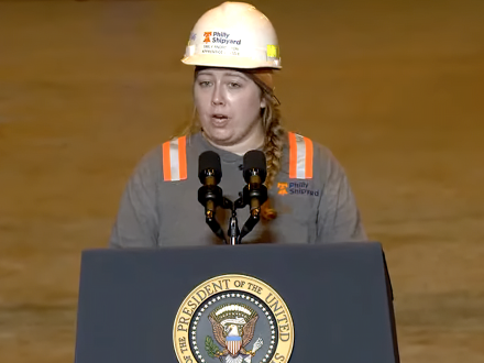 Broadcast in real time, L-19 Boilermaker apprentice Emily Andrewson introduces President Joe Biden before his shipbuilding speech and steel cutting ceremony..