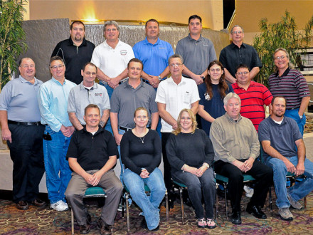 Attending the first BNAP Online Interactive Training System administrative train-the-trainer course are, first row, l. to r., E-Learning Group specialist Ken Rogers, BNAP class controller Tiffany Mellott, BNAP office manager Barbara Dunham, E-Learning specialist Tom Winterstein, and WSJAC coordinator Collin Keisling. Second row, BNAP National Coordinator Marty Spencer, L-502 coordinator Dale Mason, L-28 apprentice coordinator Jack O’Halloran, SAJAC Director Eric Olson, BNAP lead instructor John Standish, L-