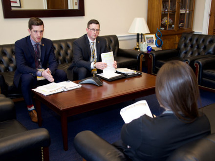 Delegates Andy Labeck and Christopher Donahue of Local 5, Zone 5 talk to a legislative staffer about the need to repeal the Cadillac tax, during the 2019 LEAP Conference in Washington, D.C.