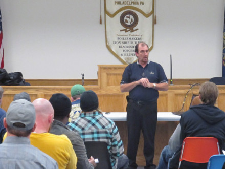 Jim Beauchamp, center, conducts a Canadian work seminar at Local 13 (Philadelphia). Members of Local 28 (Newark, N.J.) and Local 193 (Baltimore) also attended.