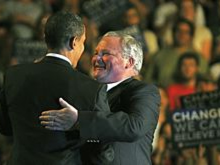 Local D239 Sec.-Treas. (and Three Forks Mayor) Gene Townsend introduces Sen. Barack Obama in Bozeman, Mont., May 19. Courtesy of Belgrade News