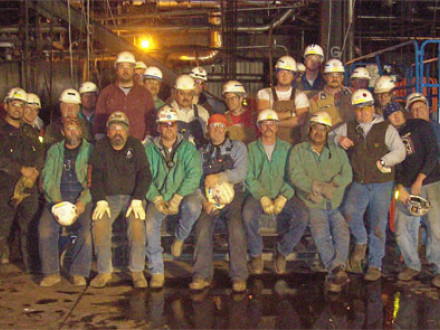 Workers on this night shift rigging crew are among 265 Boilermakers employed by B&W at the A.S. King Plant in Bayport, Minn.