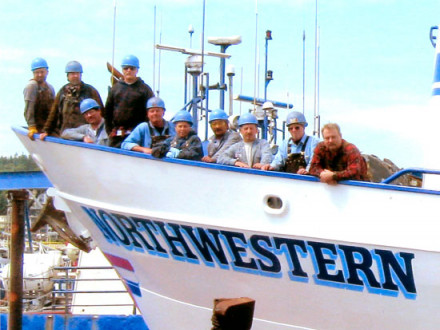 L-104 members pose on the deck of the Northwestern, one of six boats featured on the TV show, “Deadliest Catch.” L. to r., Dallas Jacobson, Michael Wilson, Thomas Hardy, Shawn Wills, Vern Stephens, Gloria Guerra, Manuel Osorio, Steve Knowles, John Ajax, and David Dizard.