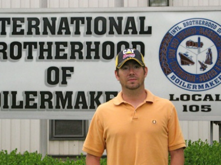 Apprentice Ryan Kilgour stands in front of the Local 105 union hall.