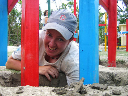 Kirsty Henderson digs a hole in Bangladesh, where she and other volunteers are building five playgrounds for schools in the area of Rayenda.