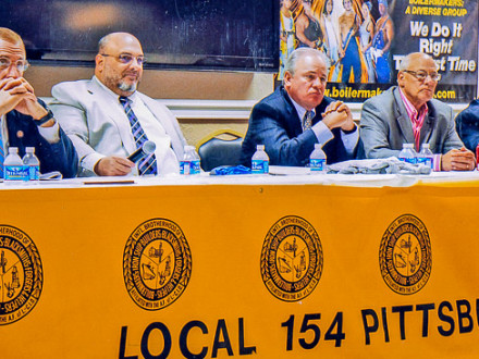 L-154 BM Ray Ventrone, second from left, leads a panel on coal issues Aug. 17. Joining Ventrone are, l. to r., U.S. Rep.  Tim Murphy, U.S. Rep. Mike Doyle, Pittsburgh Building Trades President Rich Stanizzo, and Allegheny County Labor Council President Jack Shea.